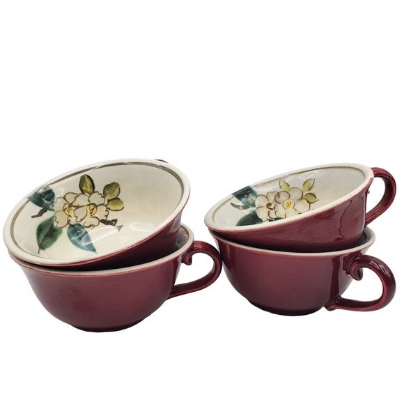 4 Red Wing Pottery Apple Blossom Flat Cup Saucer Set Normandy Vtg 50s Maroon Red - Picture 3 of 7